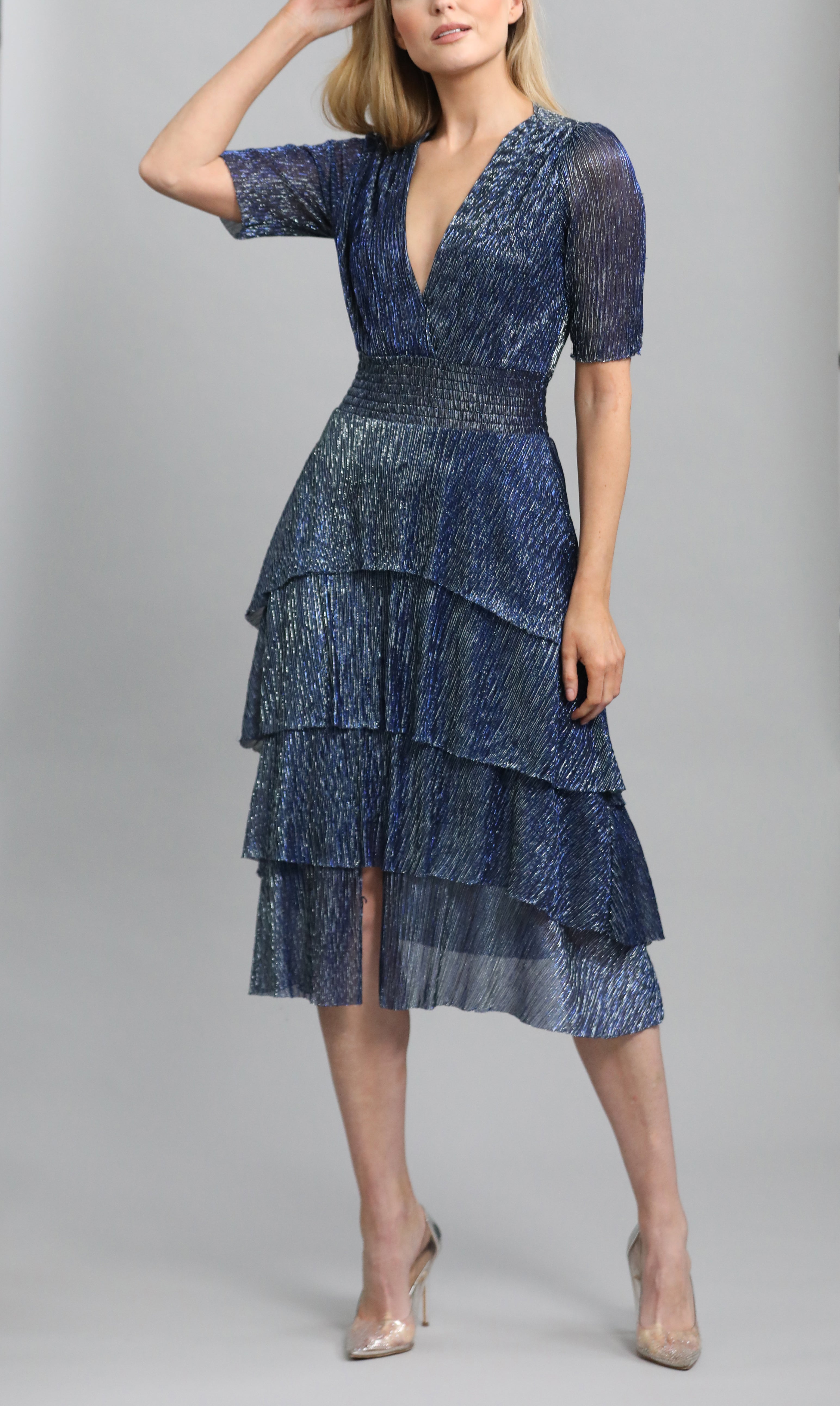 Navy metallic-threaded V-neck ruffled dress - Rent it on Happy Days