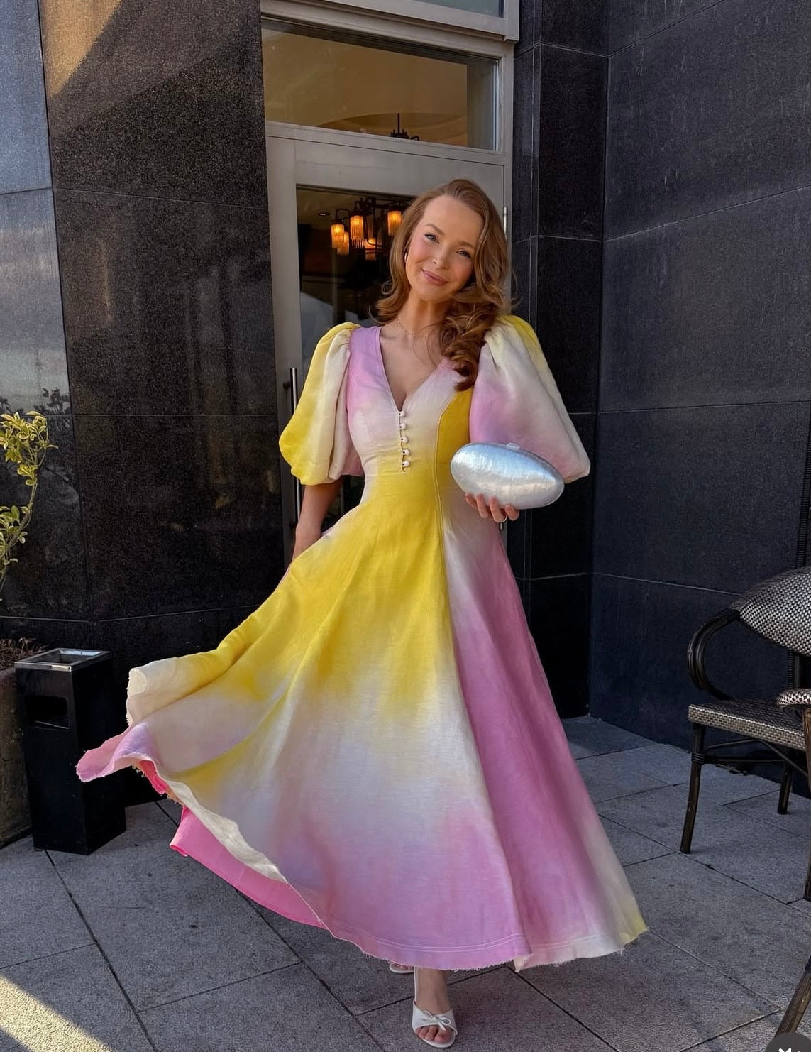 aje pink and yellow dress CUSTOMER LOVE  Aje 'Cloud Burst Midi Dress' worn by our beautiful  customer @sarahhallliday  Click view shop to book now or visit  www.dresshireww.com 