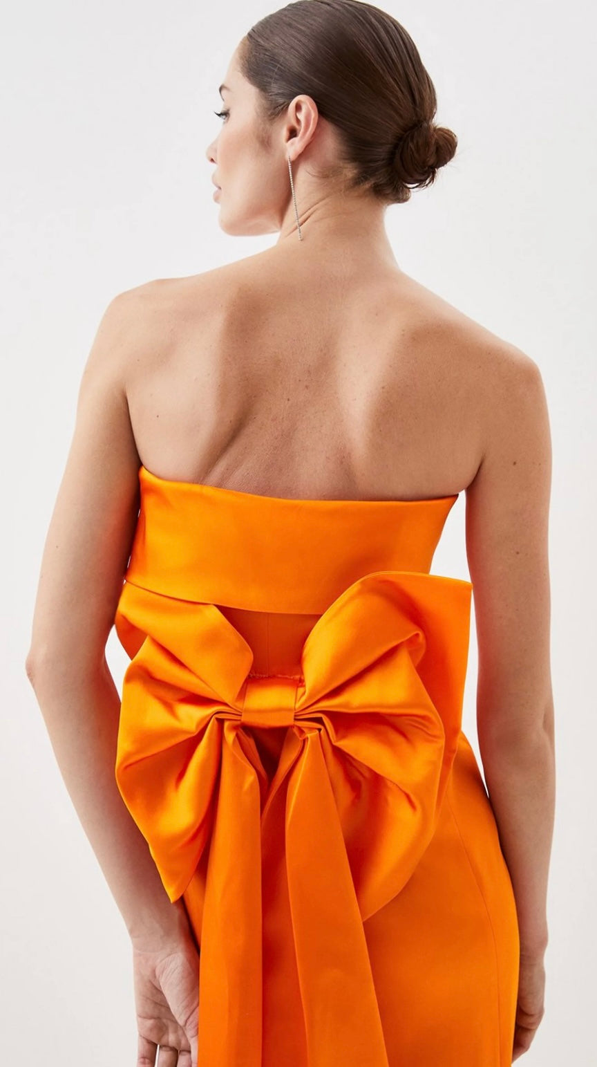 Italian Satin Bandeau Structured Bow Detail Midi Dress