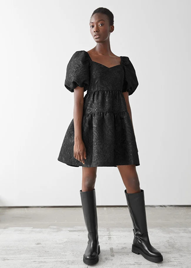 Wide Puff Sleeve Jacquard Mini Dress