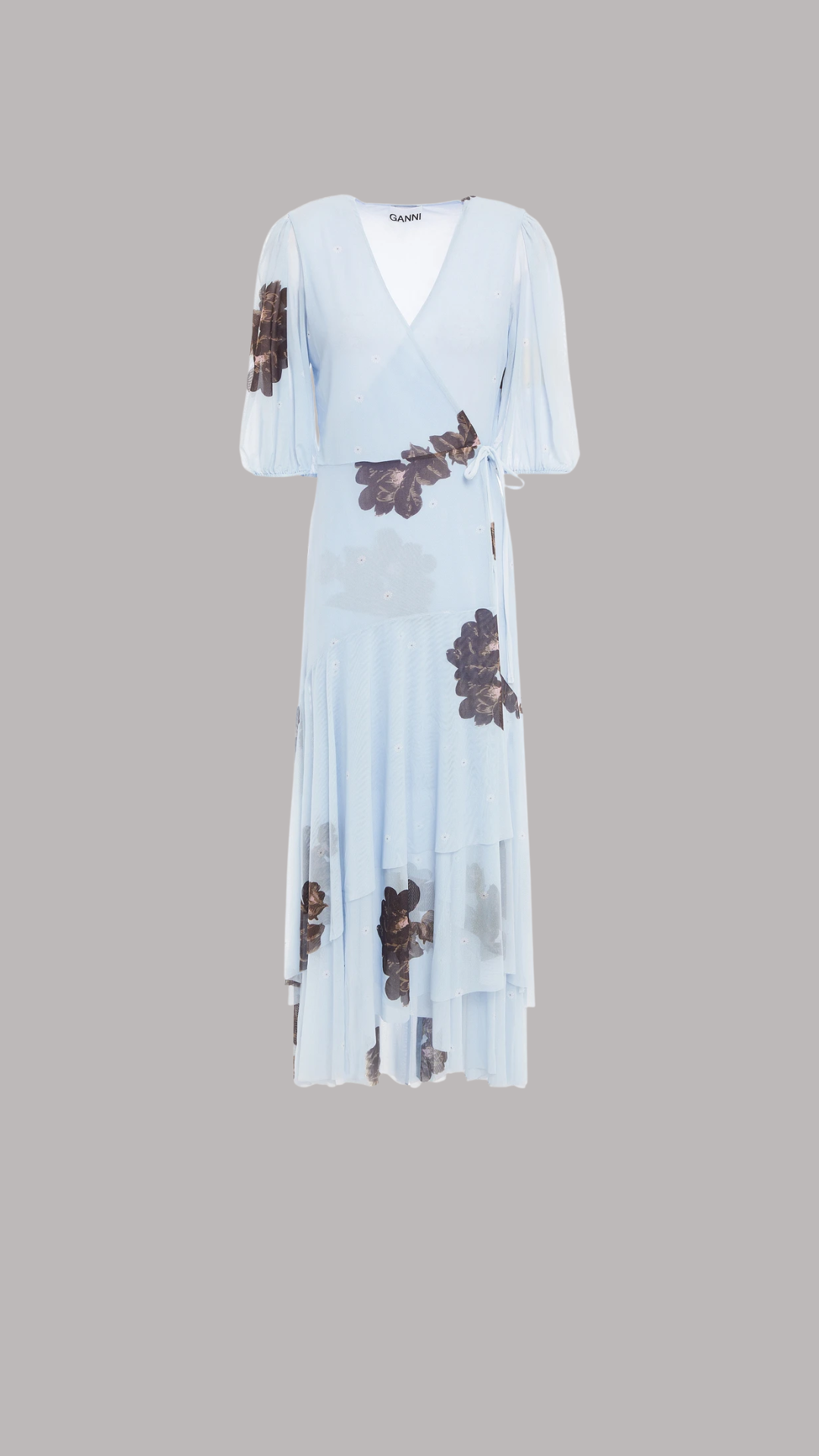 Tiered Floral-Print Stretch-Mesh Midi Wrap Dress
