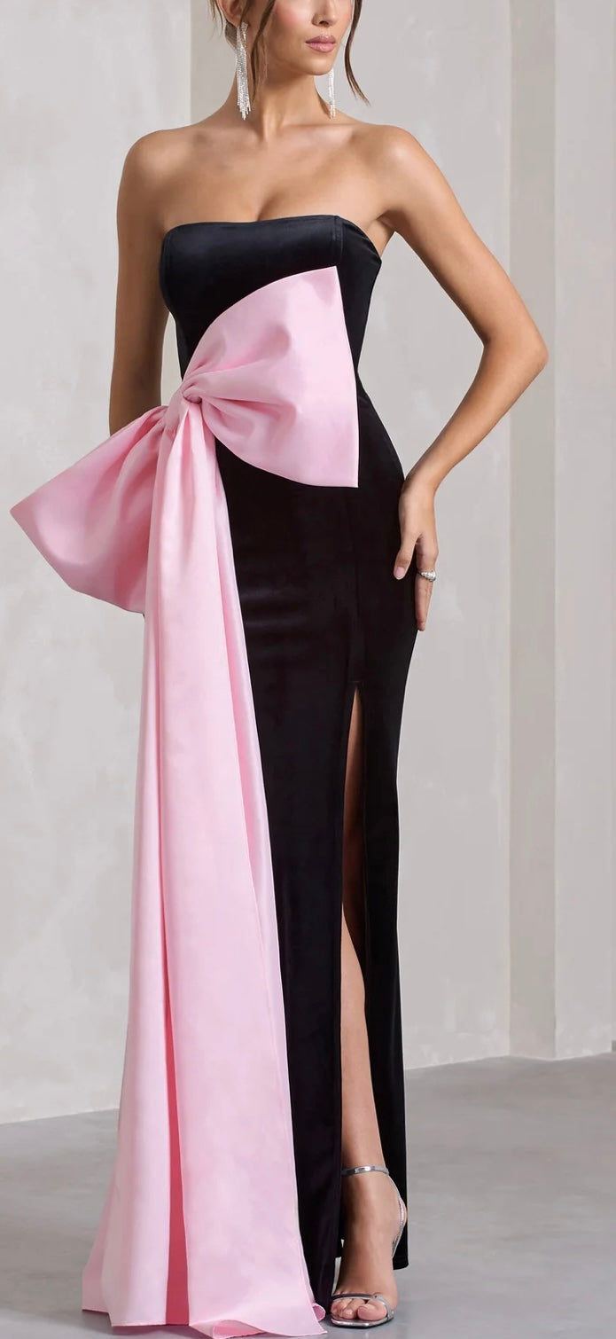 Black Velvet Bandeau Split Maxi Dress With Pink Bow