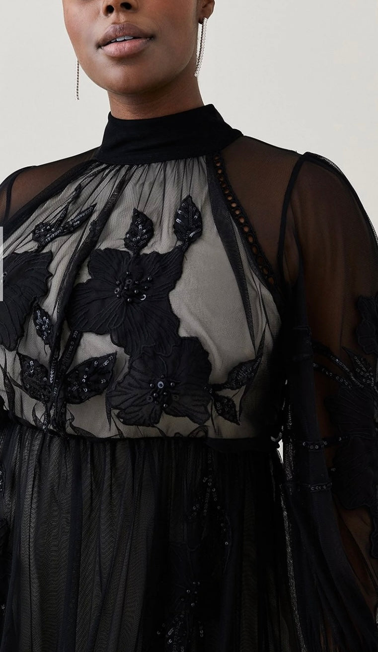 Lydia Millen Plus Floral Applique Mesh Woven Midi Dress