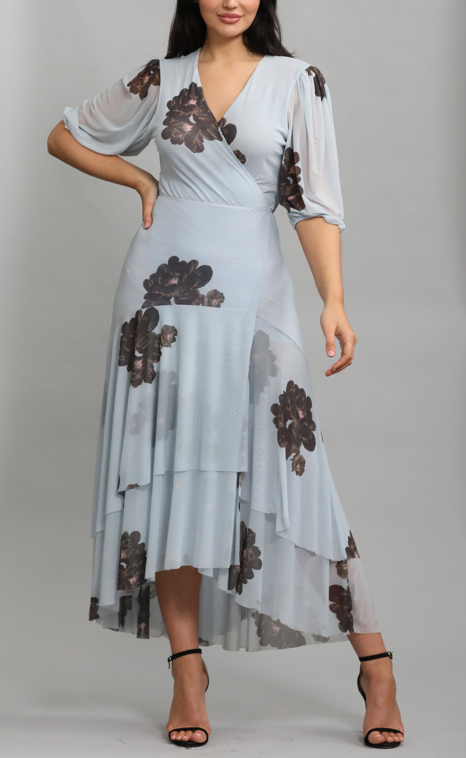 Tiered Floral-Print Stretch-Mesh Midi Wrap Dress