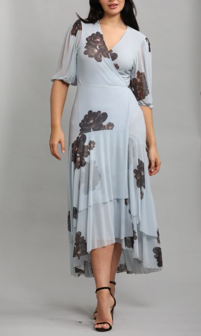 Tiered Floral-Print Stretch-Mesh Midi Wrap Dress