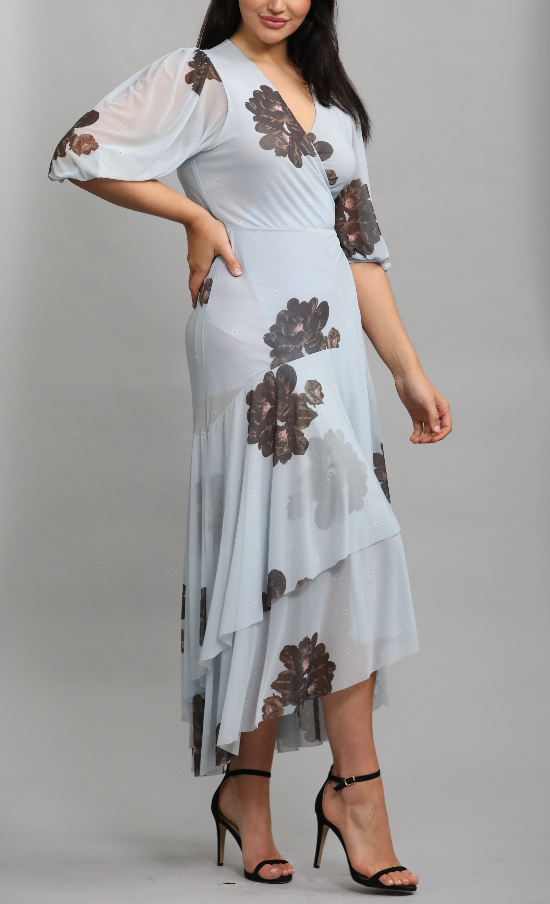 Tiered Floral-Print Stretch-Mesh Midi Wrap Dress