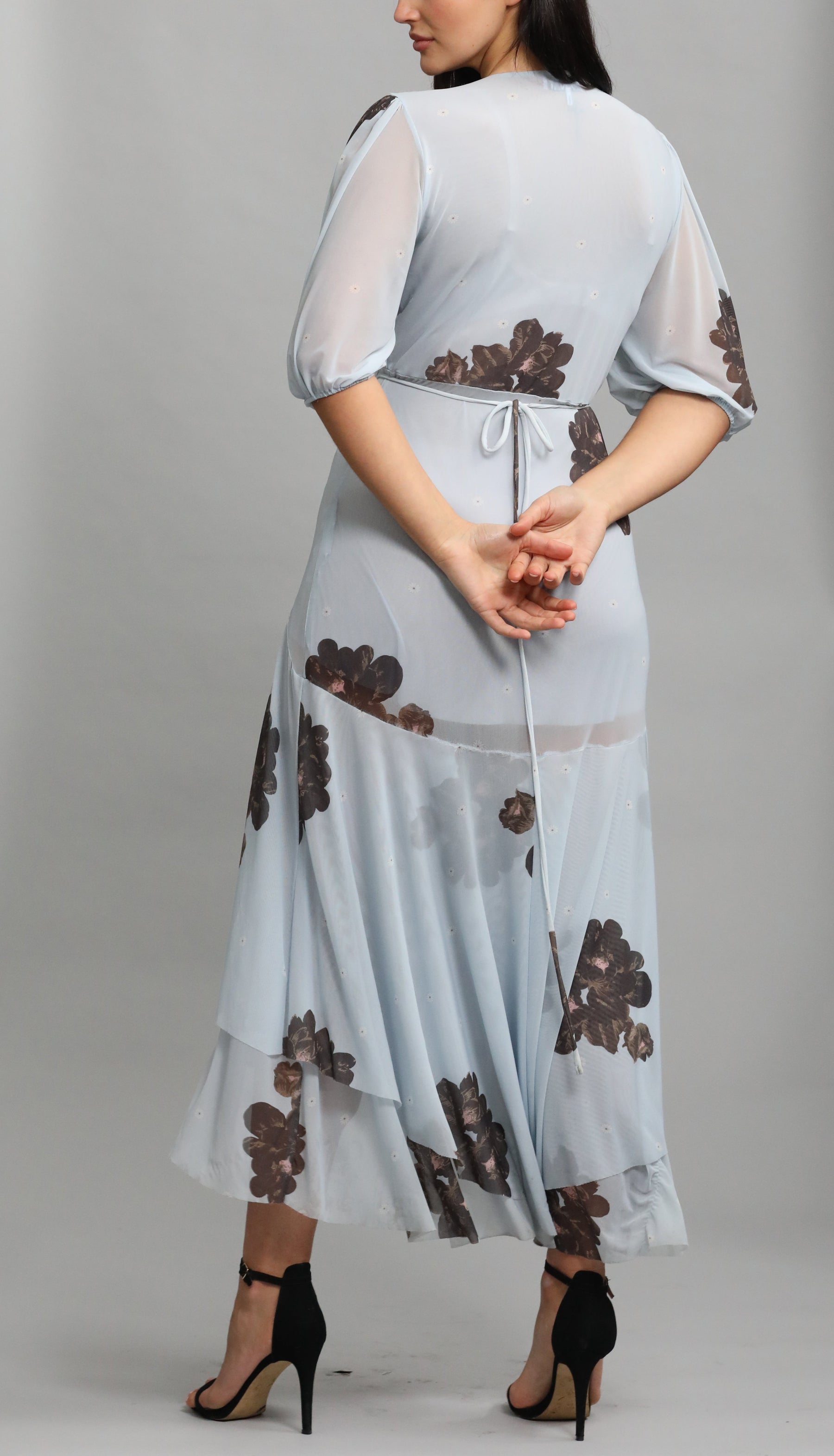Tiered Floral-Print Stretch-Mesh Midi Wrap Dress