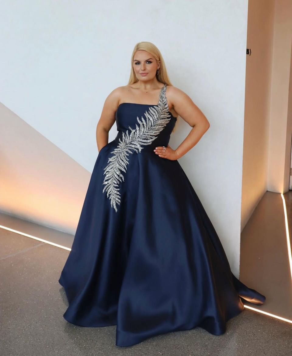One Shoulder Dramatic Neckine Ball Gown