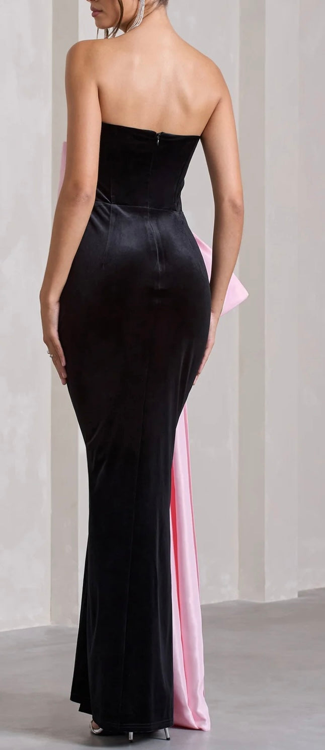 Black Velvet Bandeau Split Maxi Dress With Pink Bow