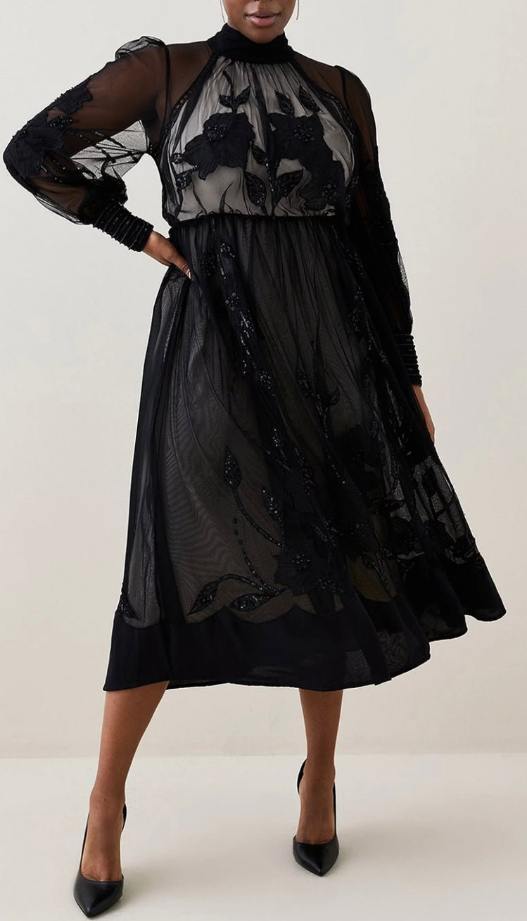 Lydia Millen Plus Floral Applique Mesh Woven Midi Dress