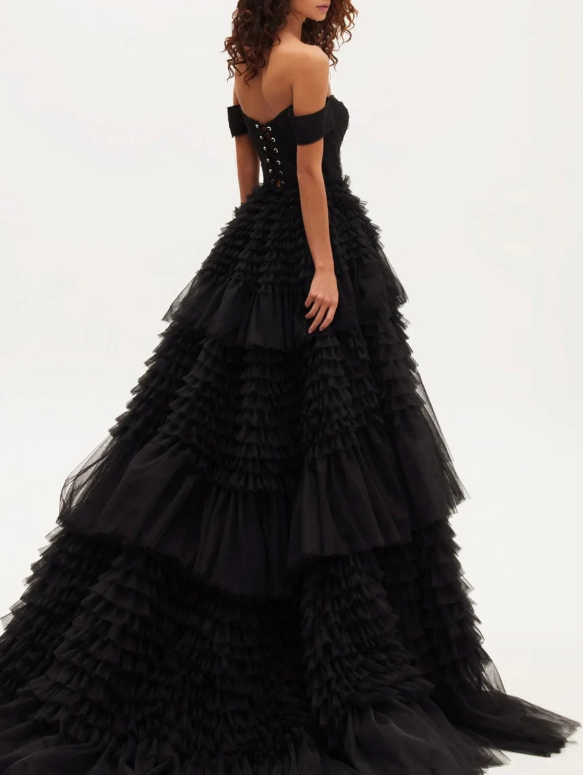 Off-The-Shoulder Frill-Layered Gown