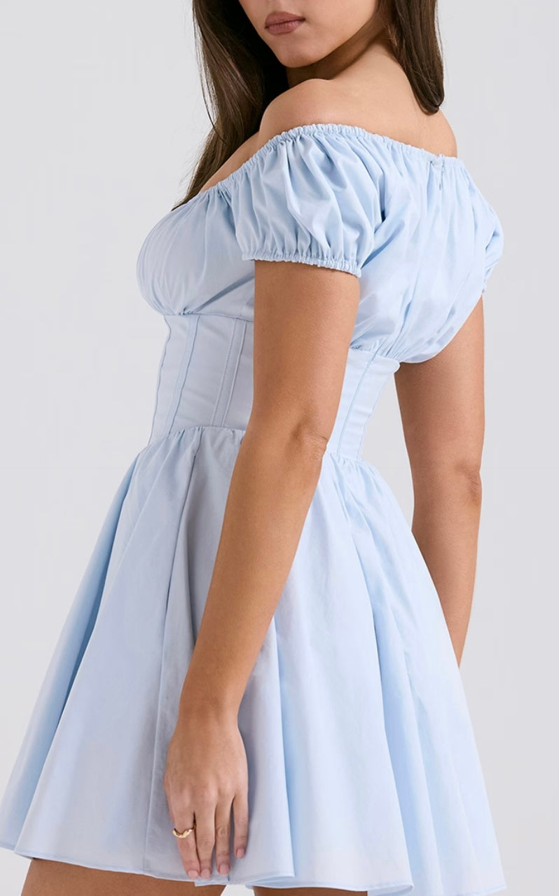 House of CB Nala Soft Blue Botton Gathered Mini Dress