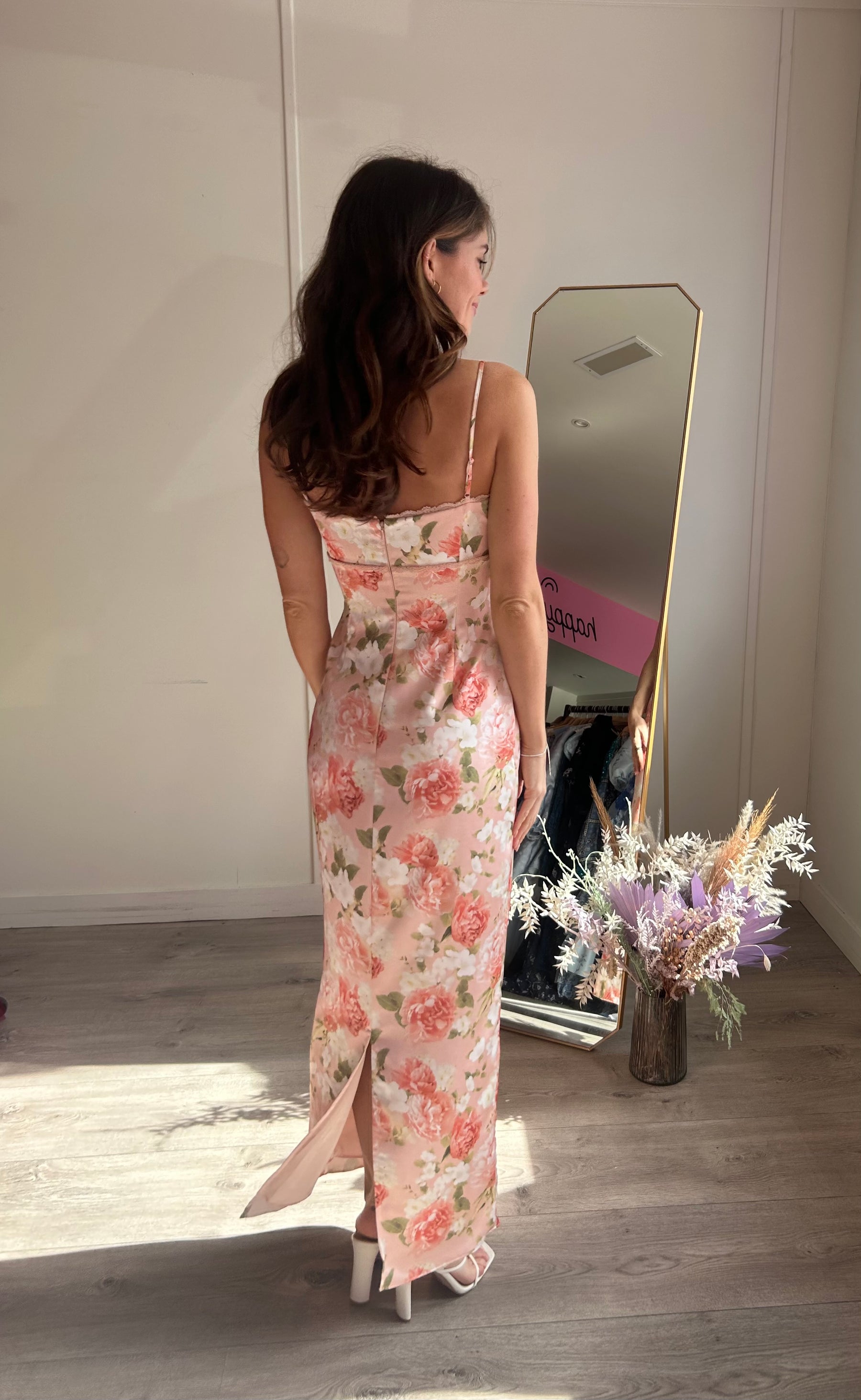 Josefina Pink Peony Print Satin Maxi Dress