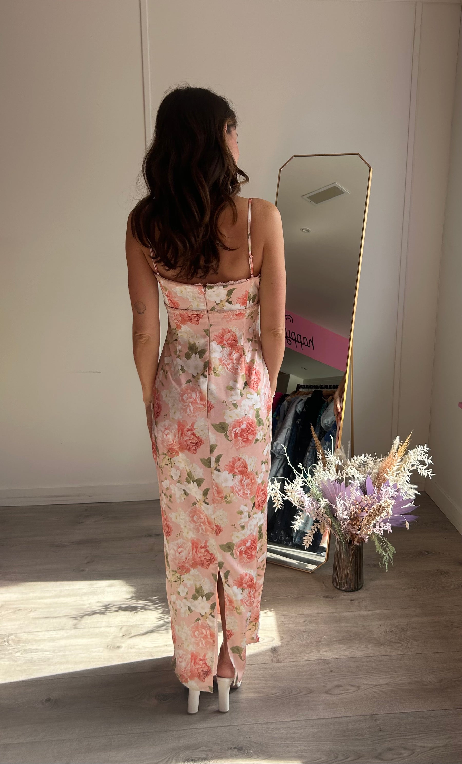 Josefina Pink Peony Print Satin Maxi Dress