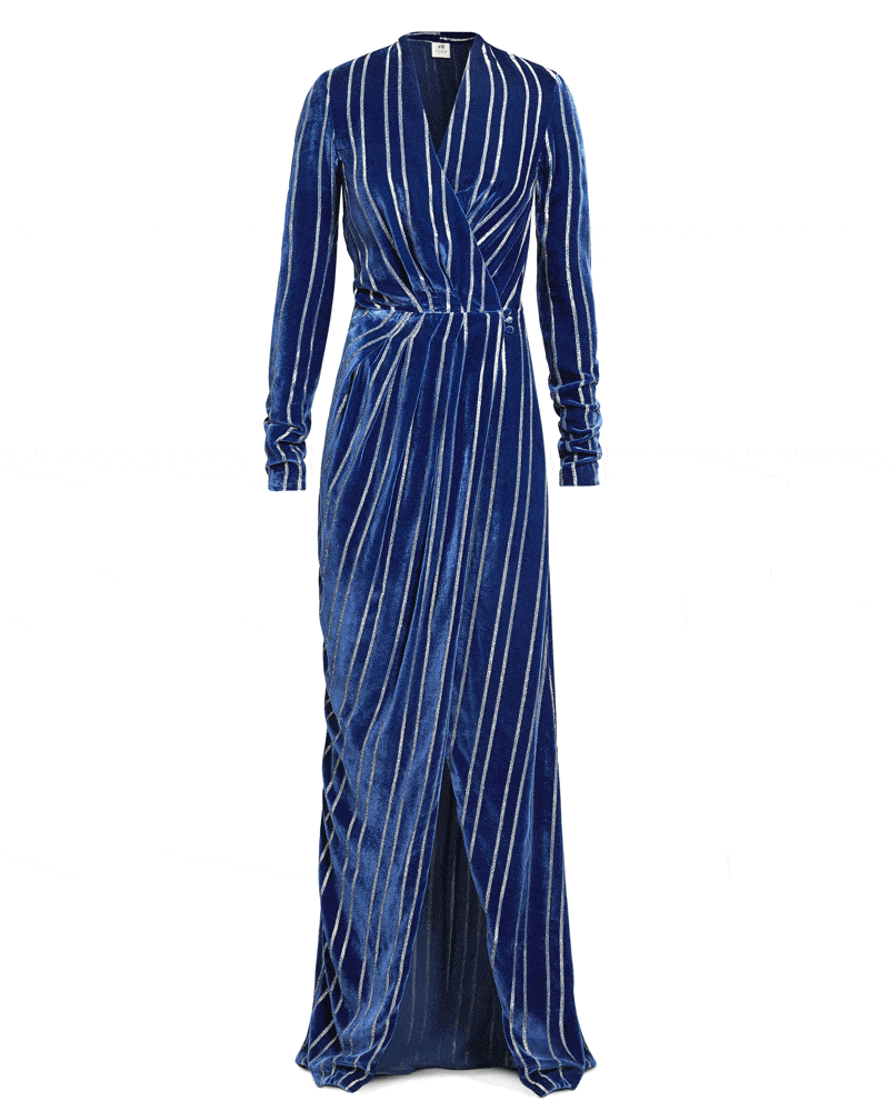 H M Studio Navy Velvet Maxi With Silver Stripe