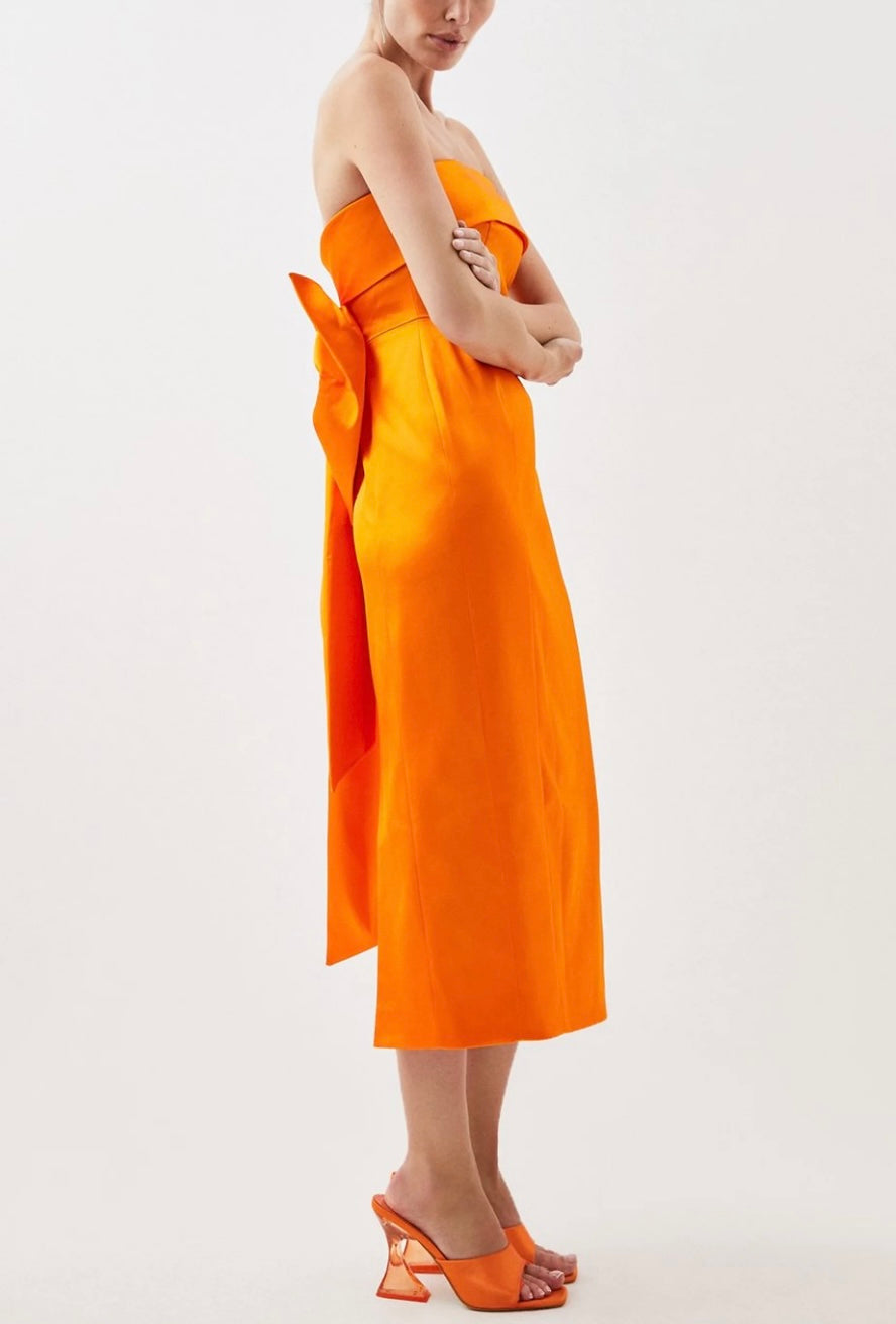 Italian Satin Bandeau Structured Bow Detail Midi Dress