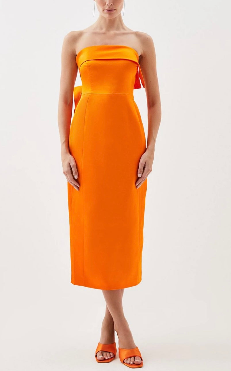 Italian Satin Bandeau Structured Bow Detail Midi Dress