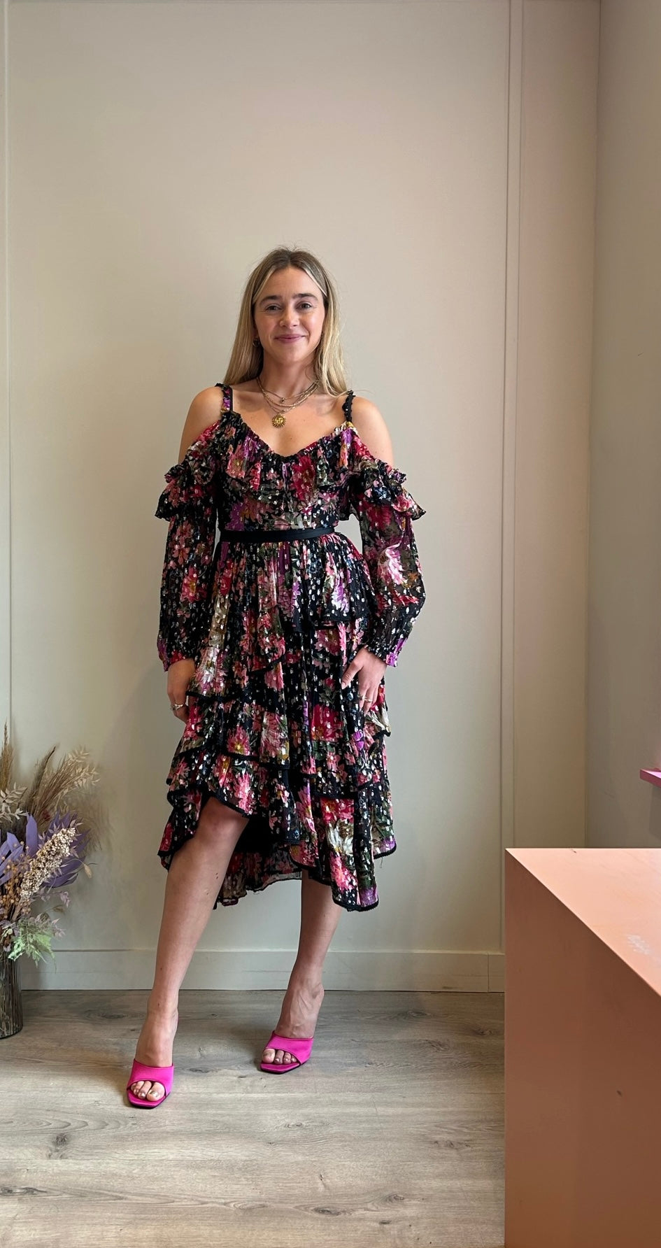 Cold Shoulder Black Floral Print Midi Dress