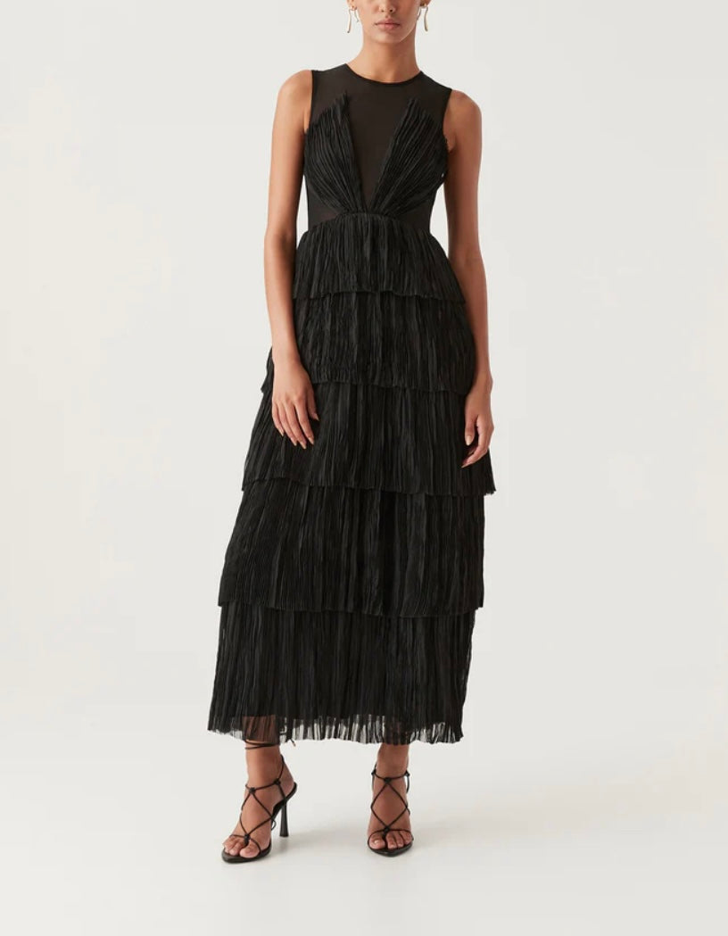 Escapist Tiered Sleeveless Chiffon Illusion Maxi Dress