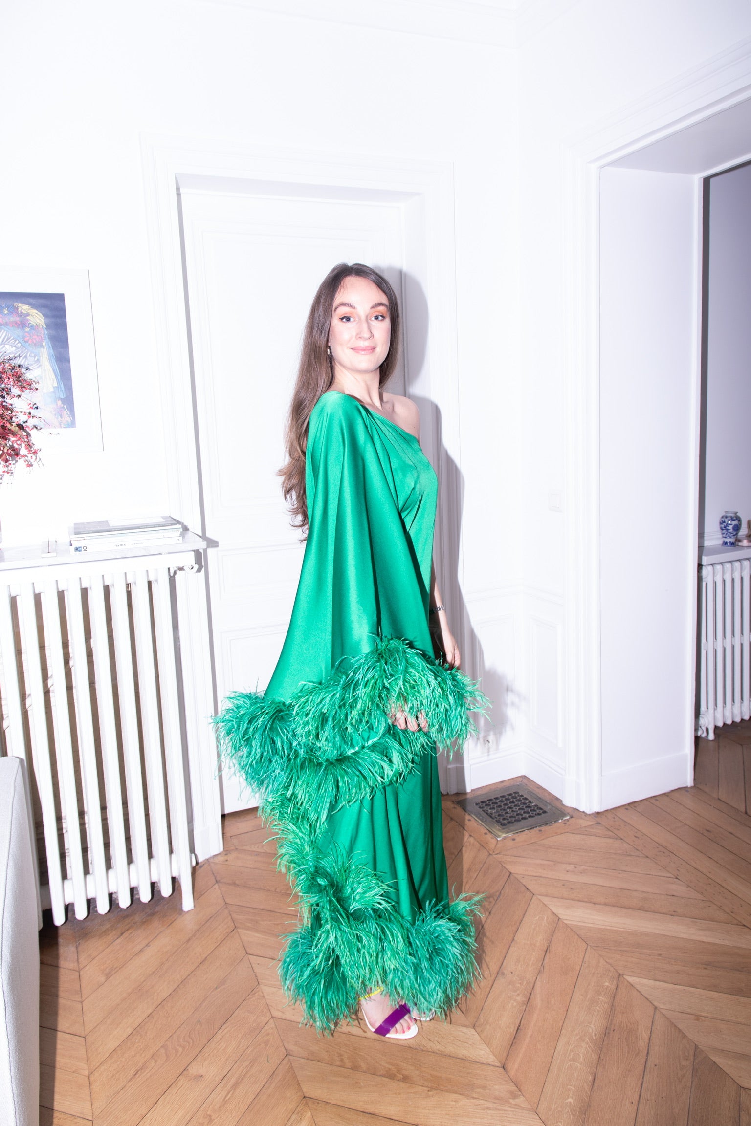 Feather-Trimmed Maxi Dress