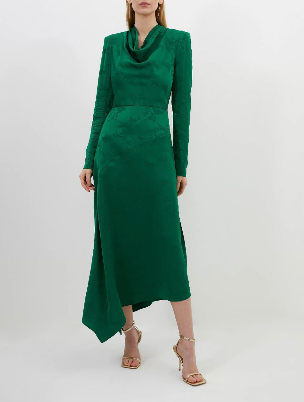 Jacquard Cowl Long Sleeve Woven Midi Dress