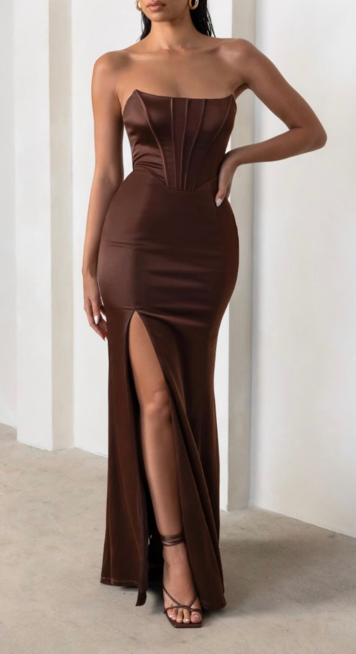 Satin Strapless Corset Thigh Split Maxi Dress Satin Strapless Corset Thigh Split Maxi Dress