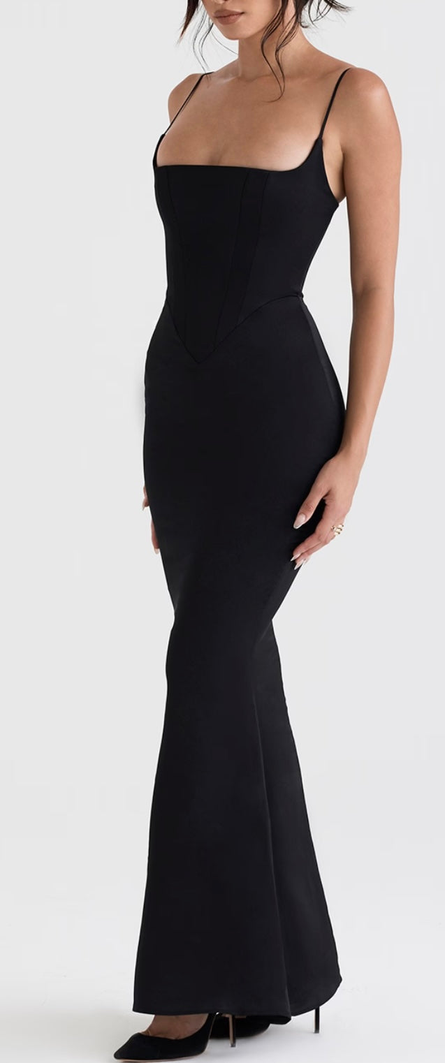 Olivette Black Satin Corset Maxi Dress