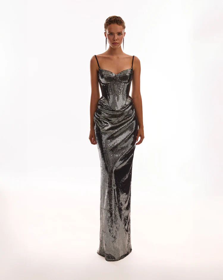 Sensational spaghetti straps sequined gray corset, Midnight Walk
