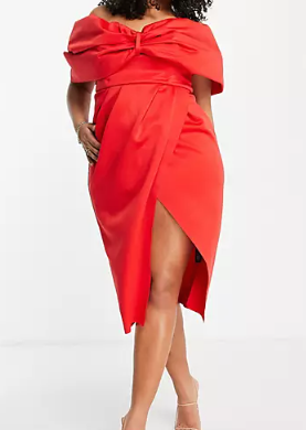 DESIGN Off Shoulder Fold Wrap Midi Dress