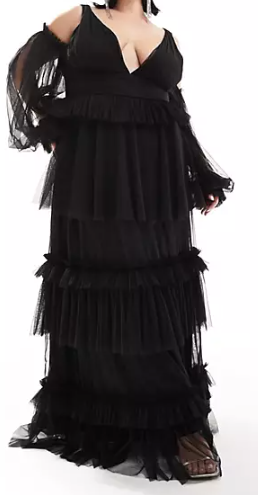 Sheer Sleeve Tulle Tiered Maxi Dress