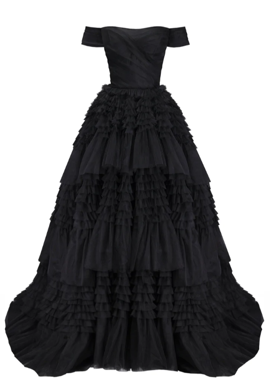 Off-The-Shoulder Frill-Layered Gown