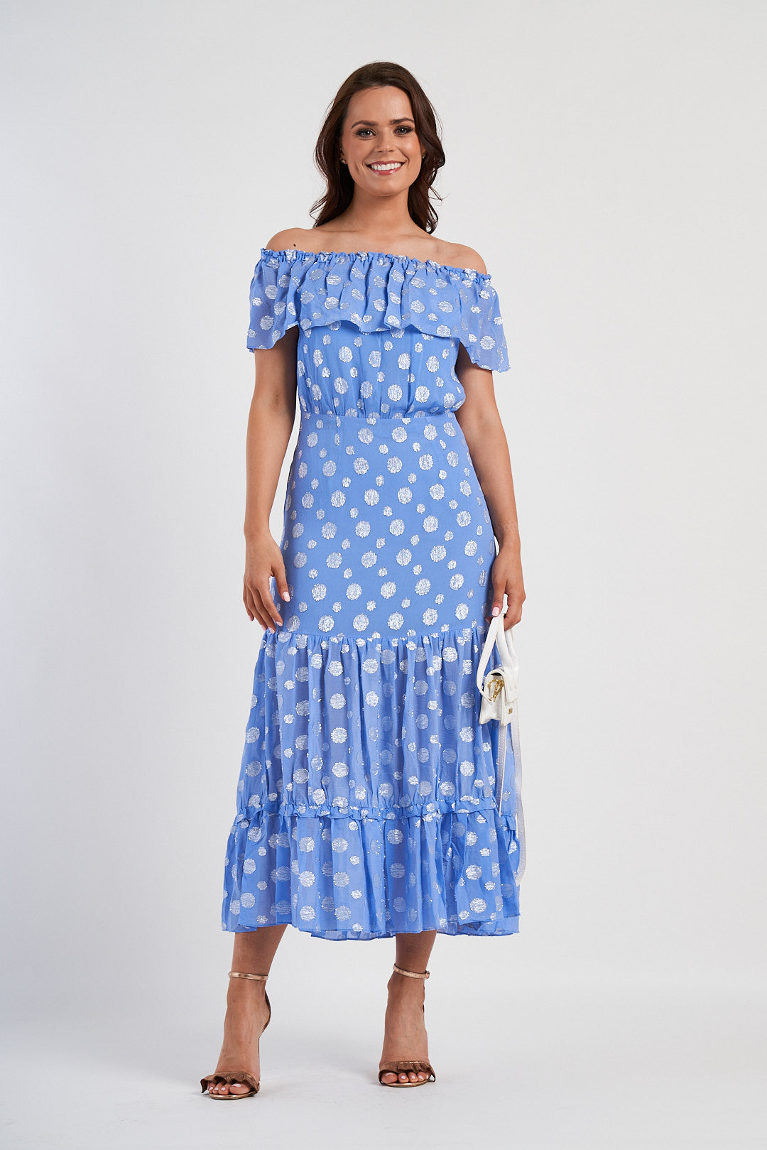 RIXO Powder Blue Metallic Spot Off The Shoulder Midi Dress