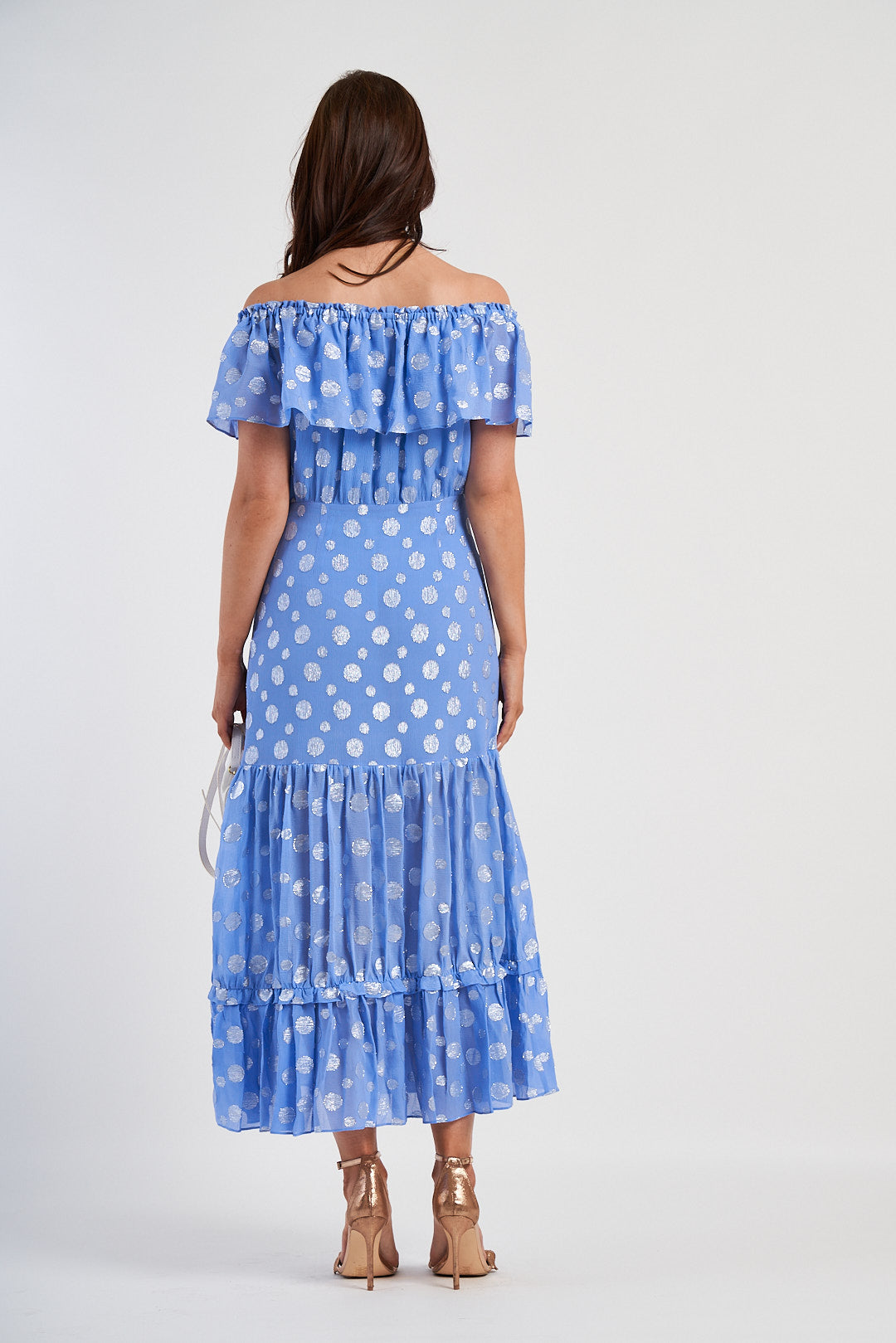 RIXO Powder Blue Metallic Spot Off The Shoulder Midi Dress