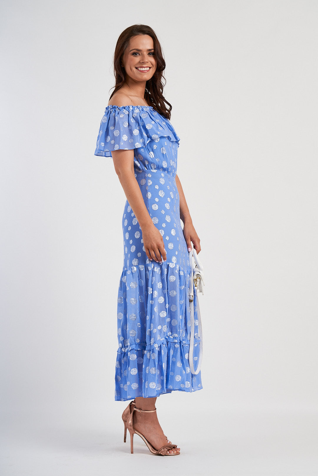 RIXO Powder Blue Metallic Spot Off The Shoulder Midi Dress