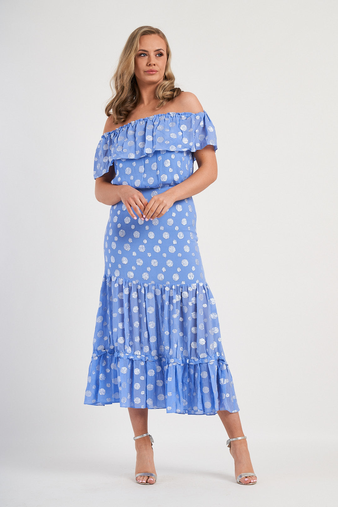 RIXO Powder Blue Metallic Spot Off The Shoulder Midi Dress
