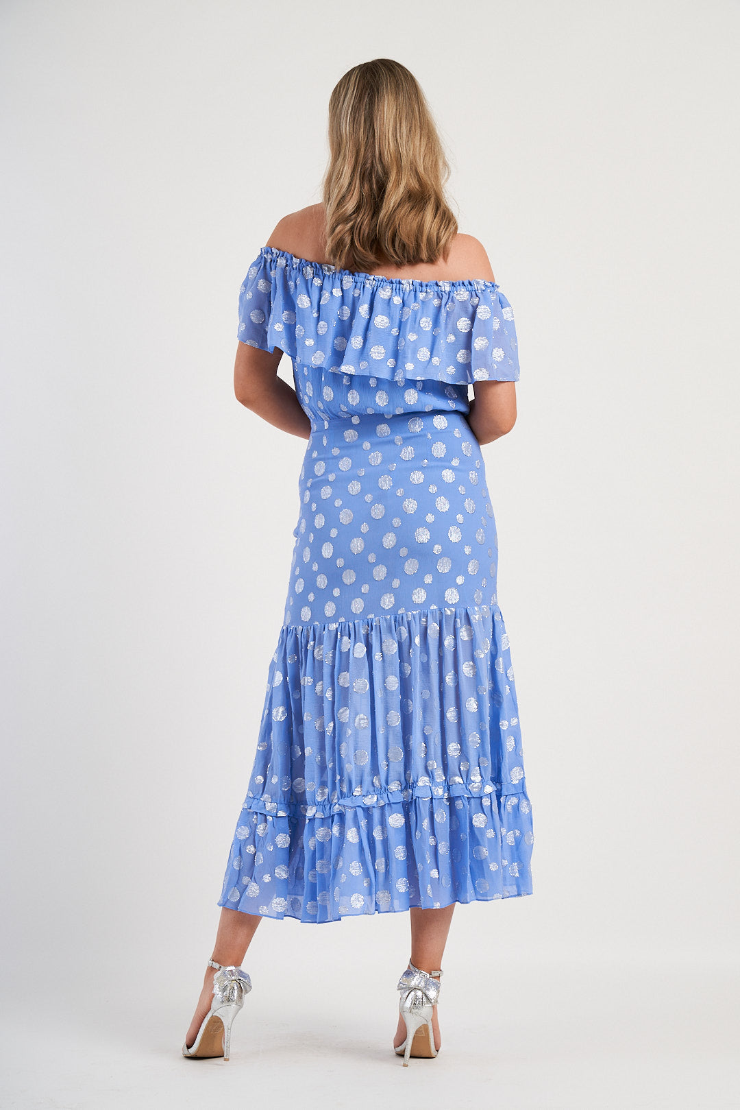 RIXO Powder Blue Metallic Spot Off The Shoulder Midi Dress