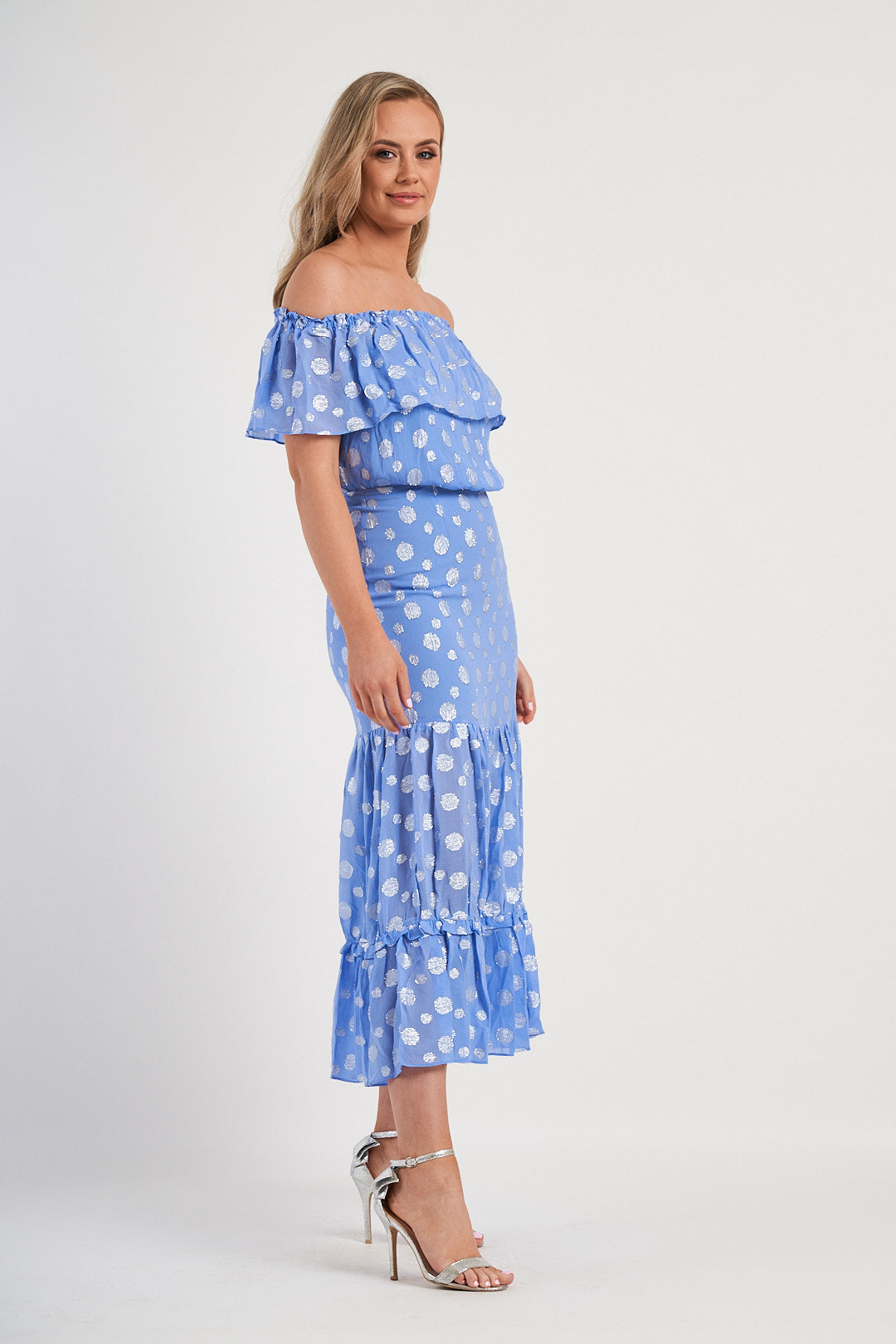 RIXO Powder Blue Metallic Spot Off The Shoulder Midi Dress