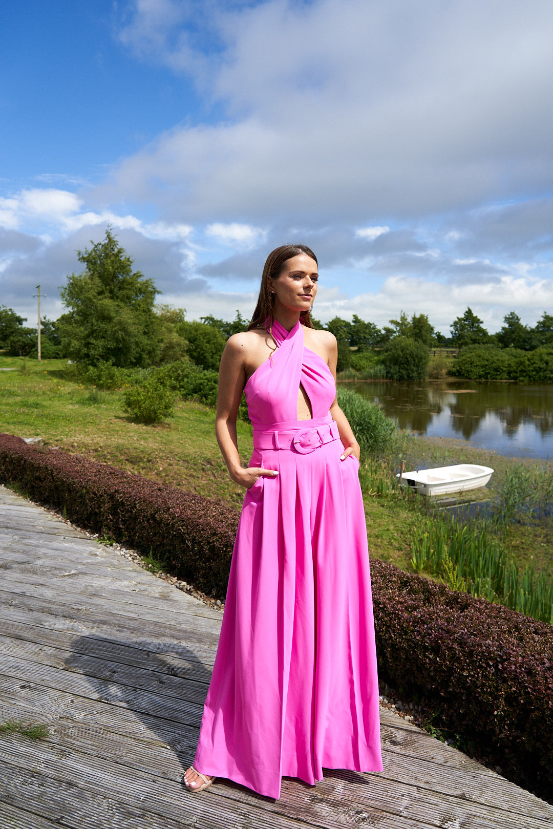 Wide Leg Pink Halterneck Jumpsuit