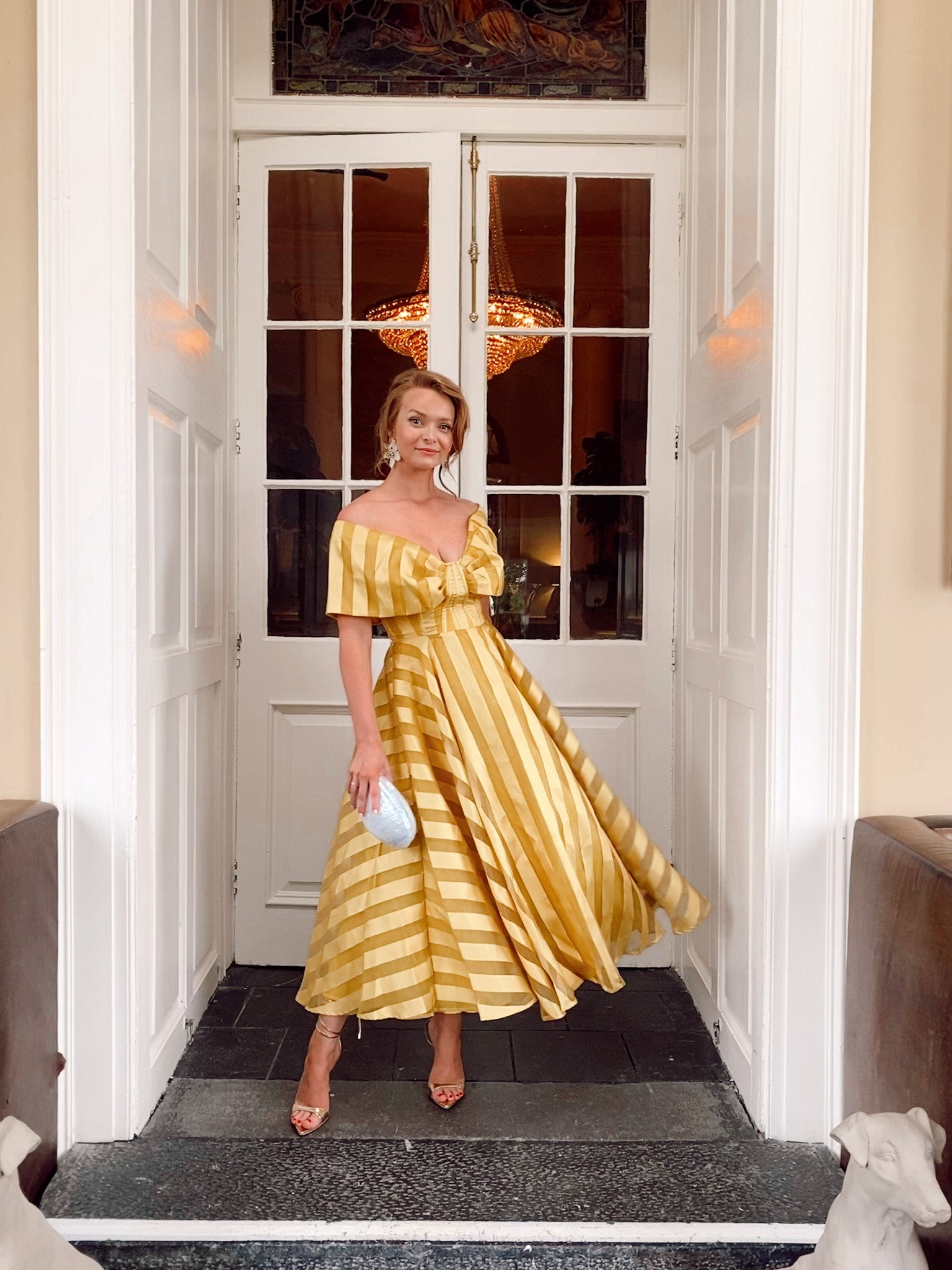 Women's Yellow Bardot Midi Dress In Stripe Organza