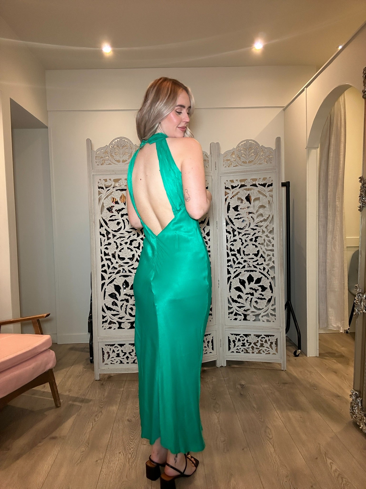 Satin Drape Back Maxi Dress - Emerald Maxi