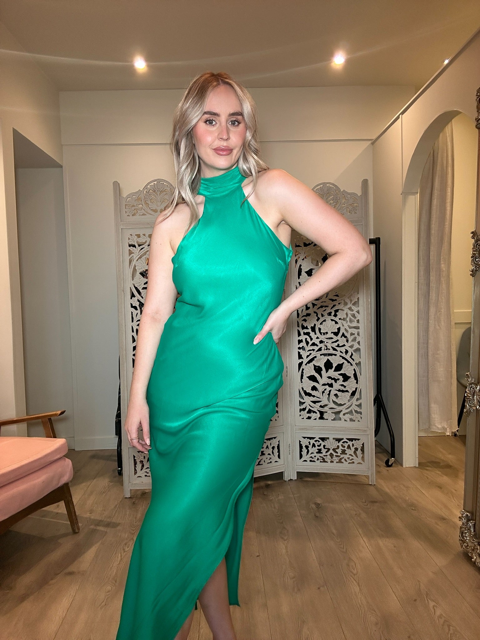 Satin Drape Back Maxi Dress - Emerald Maxi