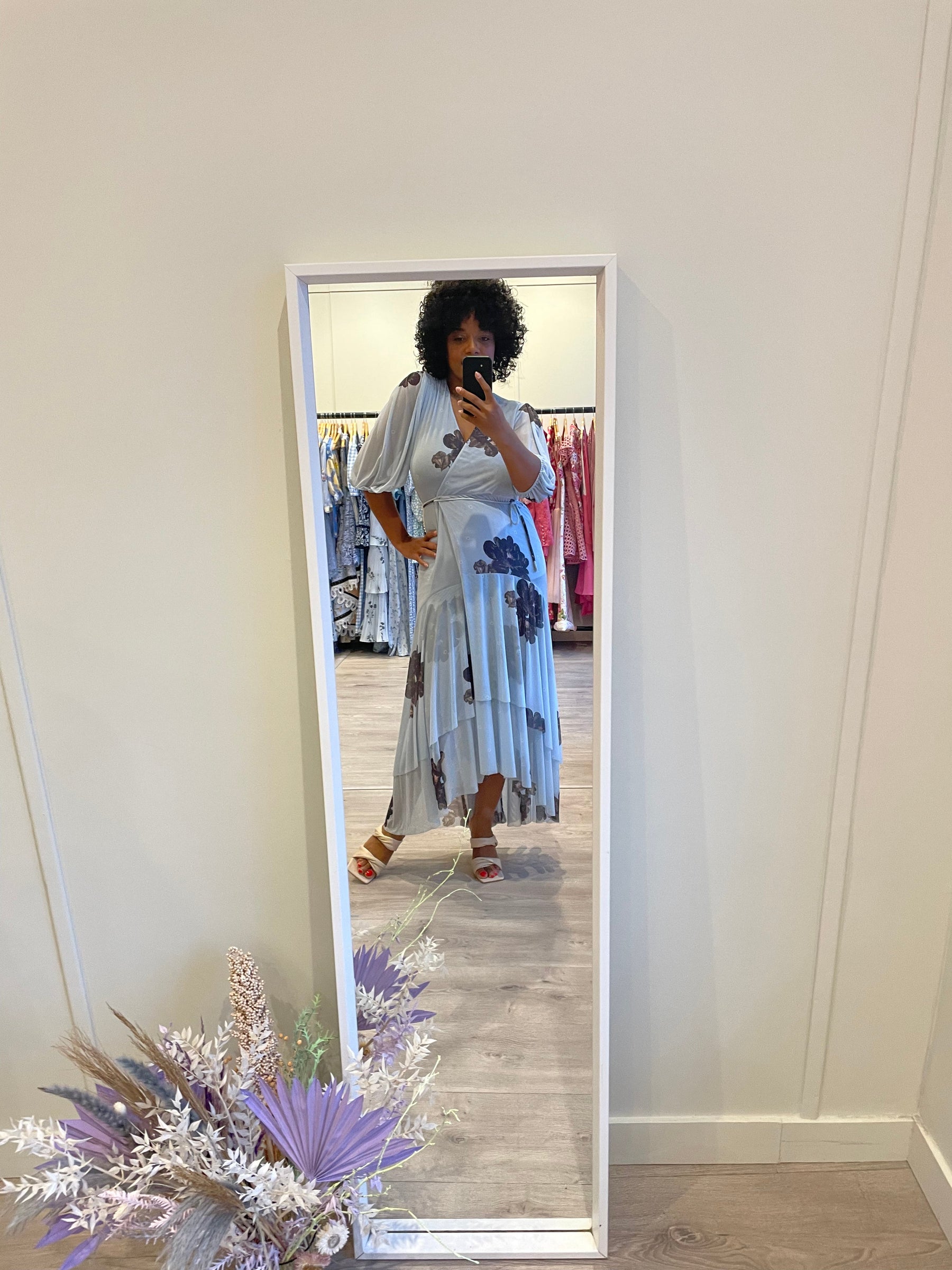 Tiered Floral-Print Stretch-Mesh Midi Wrap Dress