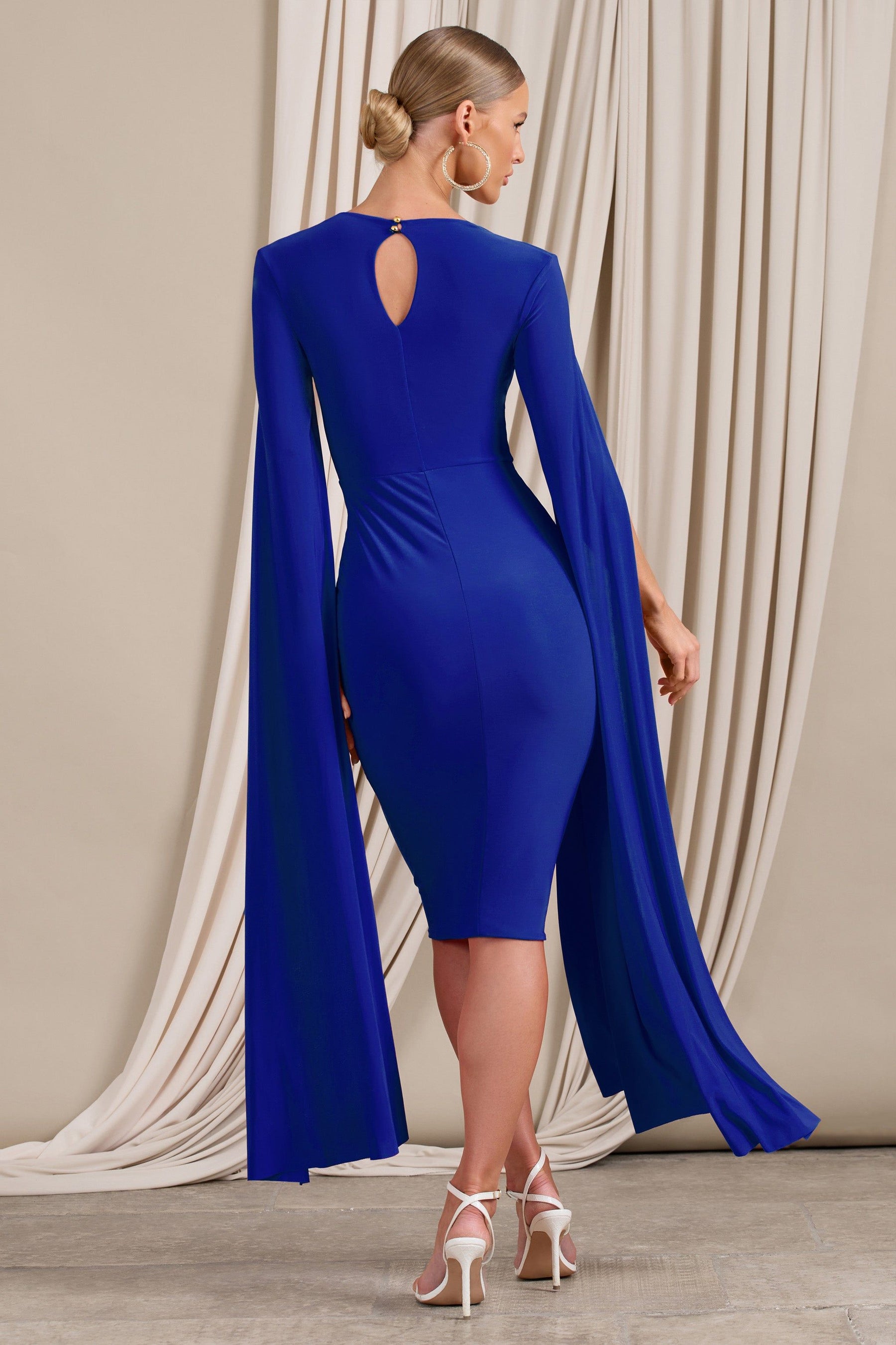 Square Neck Midi Dress With Cape Sleeves