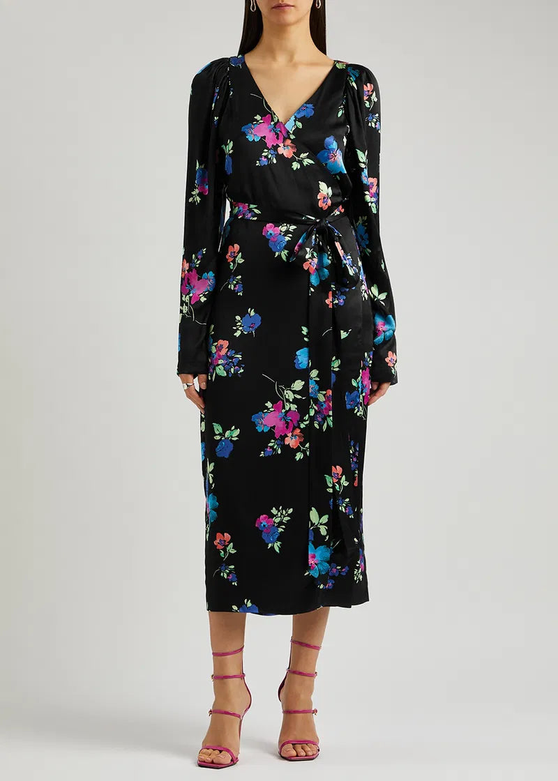 Floral-Print Satin Wrap Dress