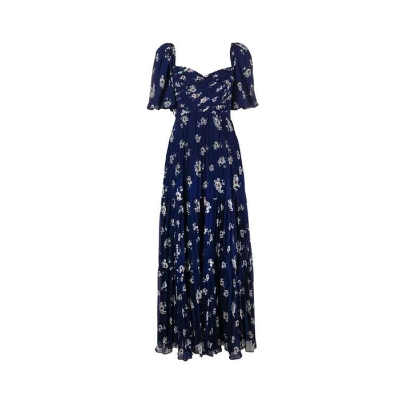 Self Portrait Pansy Print Pleated Maxi Dress in Chiffon