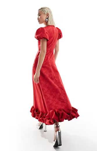 Bow Embossed Puff Sleeve Midi