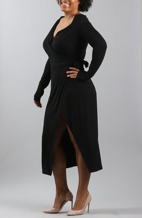 Black v-neck Dama Wrap Midi Dress