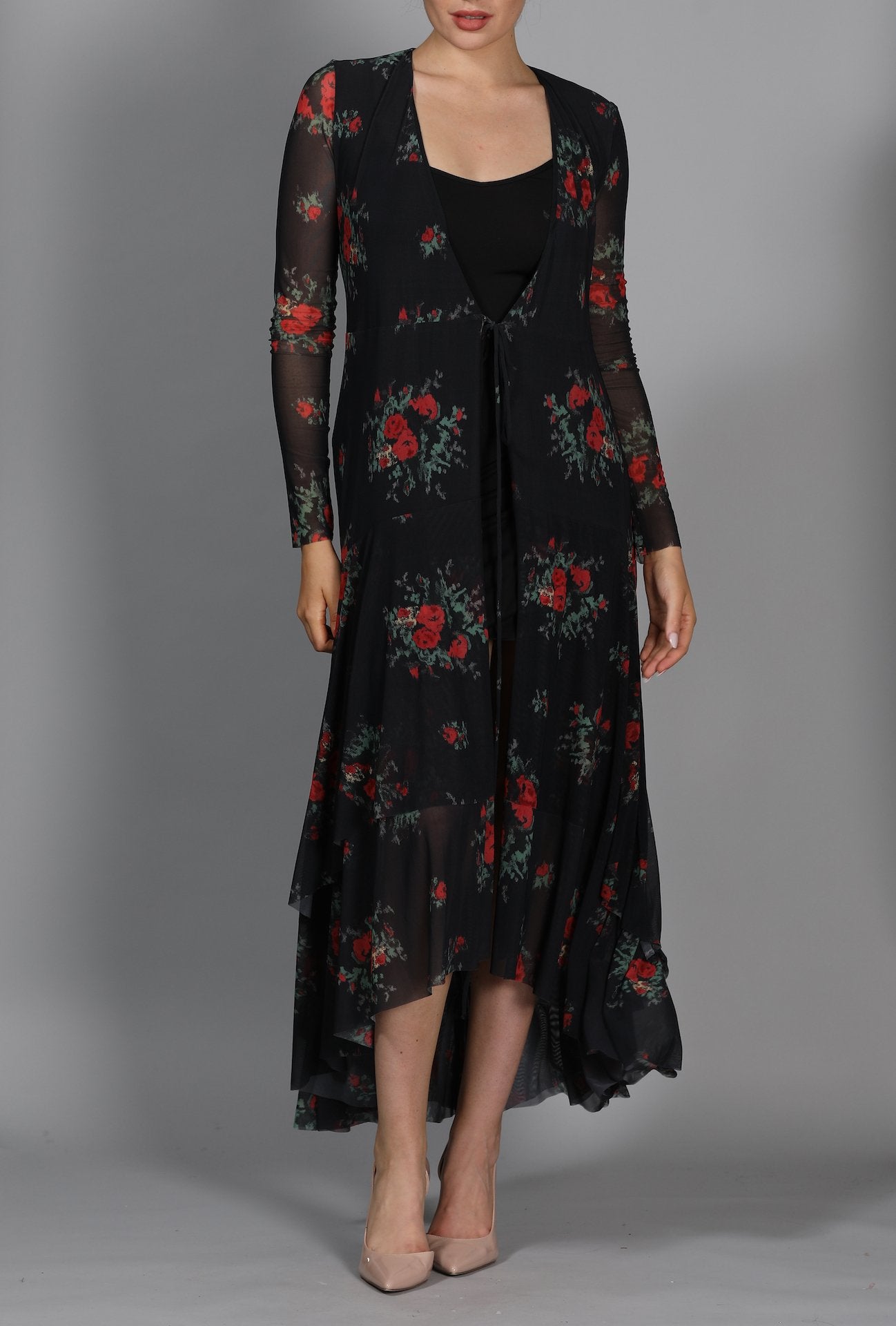 Floral Mesh Midi Wrap Dress