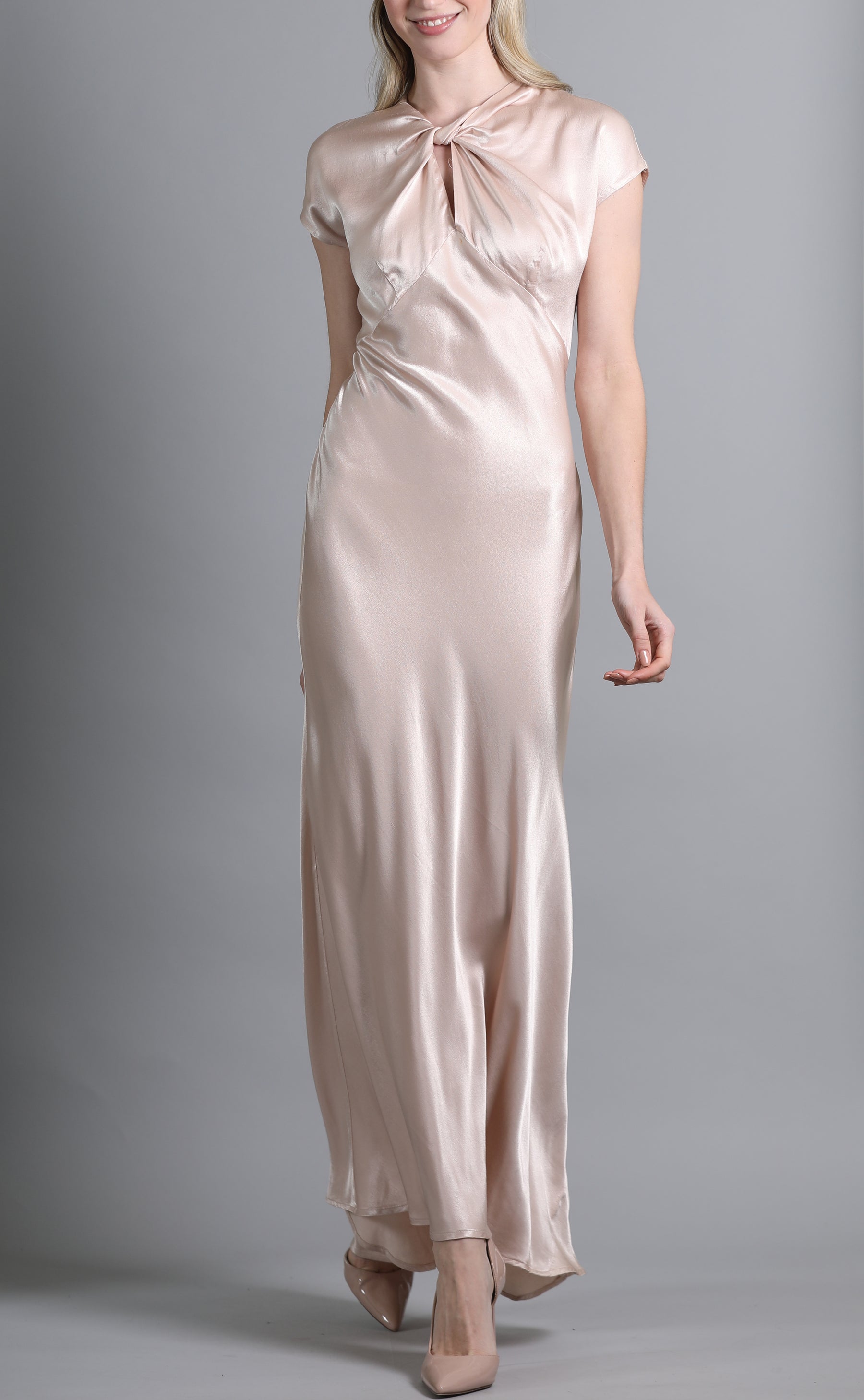 Capped Sleeve Satin Maxi Dress with Knot Front