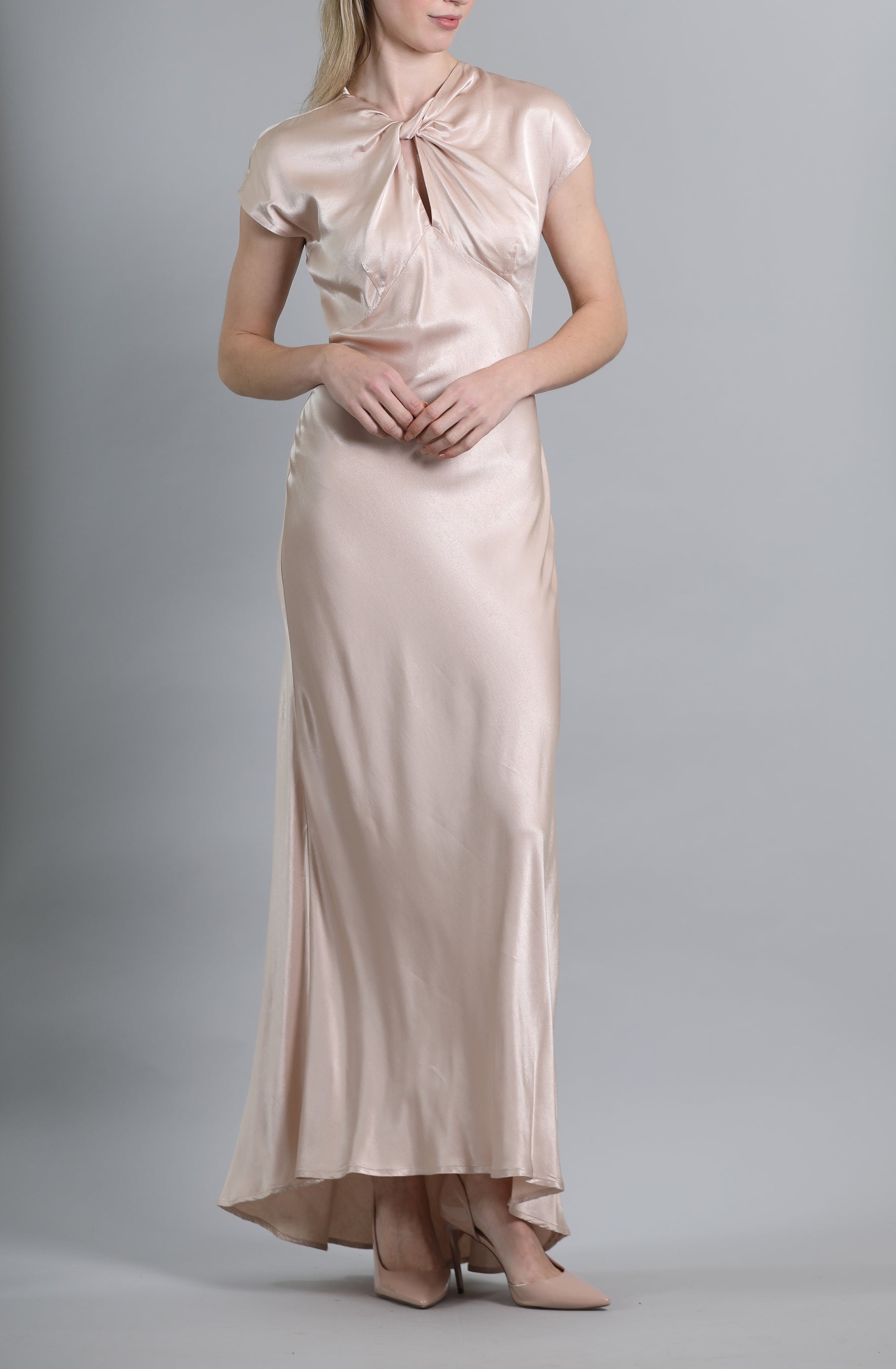 Capped Sleeve Satin Maxi Dress with Knot Front
